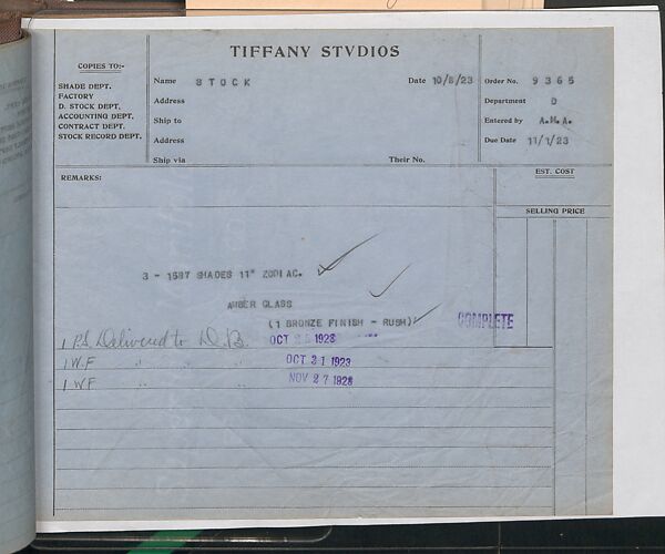 Tiffany Studios Lamp Department Ledger Book, Tiffany Studios (1902–32), pencil and ink on paper, American