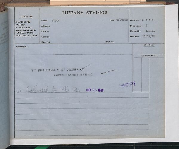 Tiffany Studios Lamp Department Ledger Book, Tiffany Studios (1902–32), pencil and ink on paper, American
