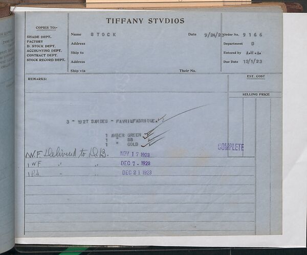 Tiffany Studios Lamp Department Ledger Book, Tiffany Studios (1902–32), pencil and ink on paper, American