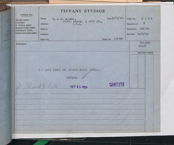 Tiffany Studios Lamp Department Ledger Book, Tiffany Studios (1902–32), pencil and ink on paper, American