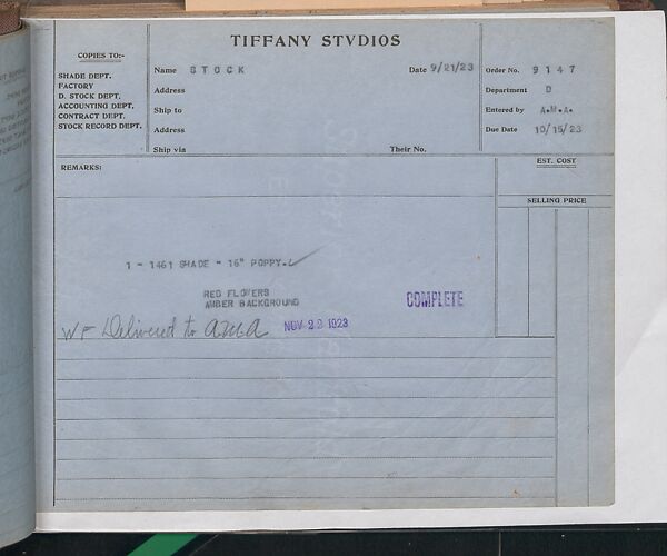 Tiffany Studios Lamp Department Ledger Book, Tiffany Studios (1902–32), pencil and ink on paper, American