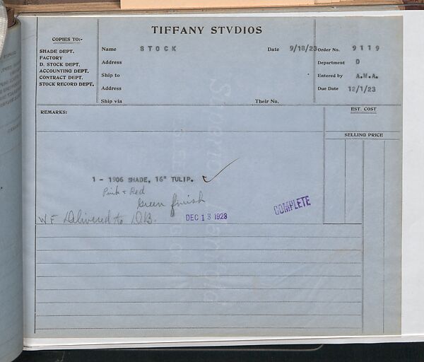 Tiffany Studios Lamp Department Ledger Book, Tiffany Studios (1902–32), pencil and ink on paper, American
