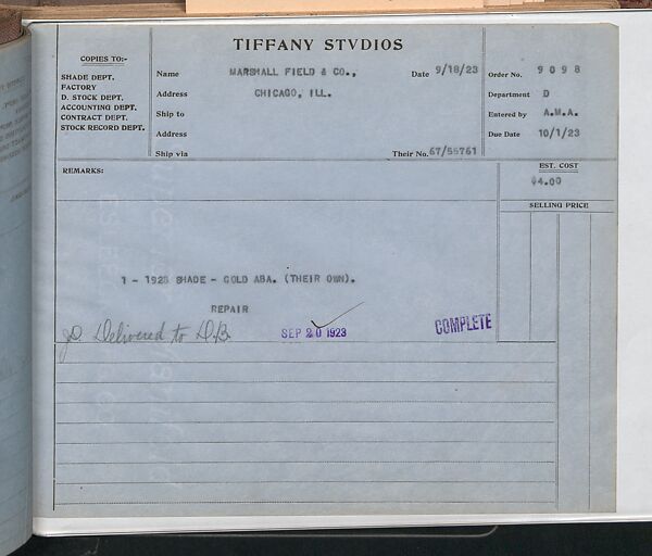 Tiffany Studios Lamp Department Ledger Book, Tiffany Studios (1902–32), pencil and ink on paper, American
