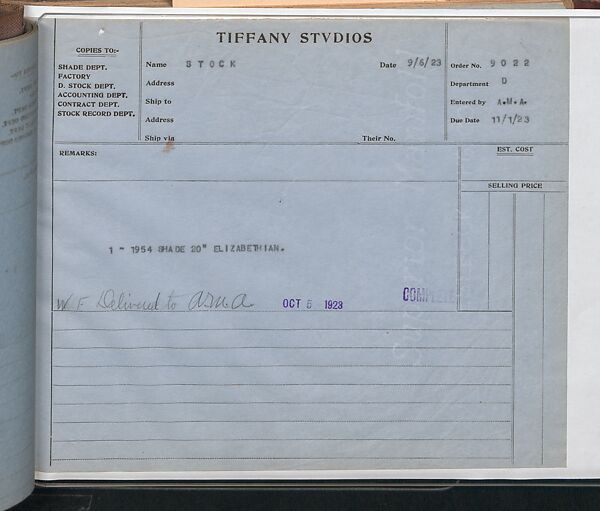 Tiffany Studios Lamp Department Ledger Book, Tiffany Studios (1902–32), pencil and ink on paper, American