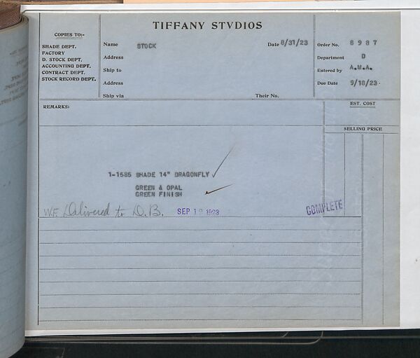 Tiffany Studios Lamp Department Ledger Book, Tiffany Studios (1902–32), pencil and ink on paper, American