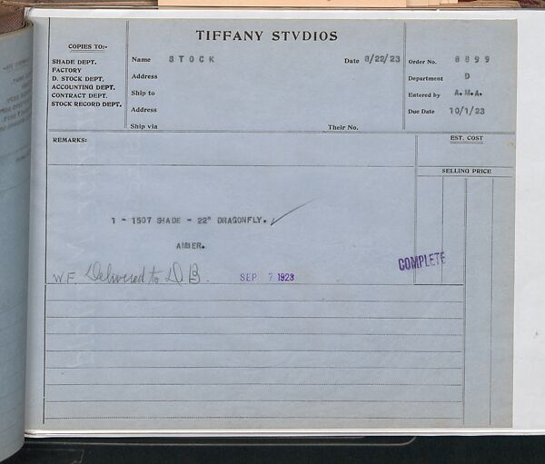 Tiffany Studios Lamp Department Ledger Book, Tiffany Studios (1902–32), pencil and ink on paper, American
