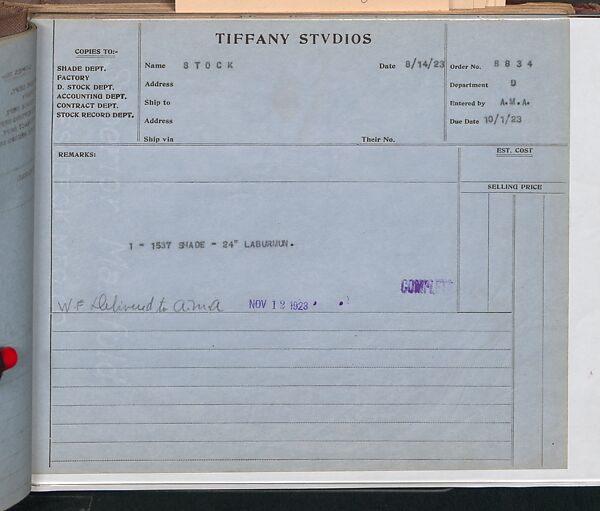 Tiffany Studios Lamp Department Ledger Book, Tiffany Studios (1902–32), pencil and ink on paper, American