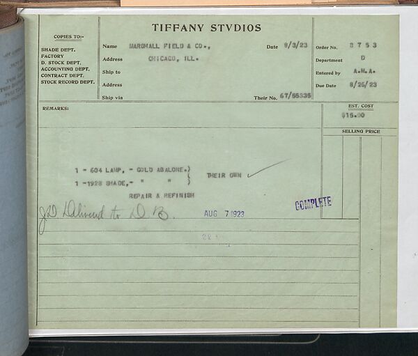 Tiffany Studios Lamp Department Ledger Book, Tiffany Studios (1902–32), pencil and ink on paper, American