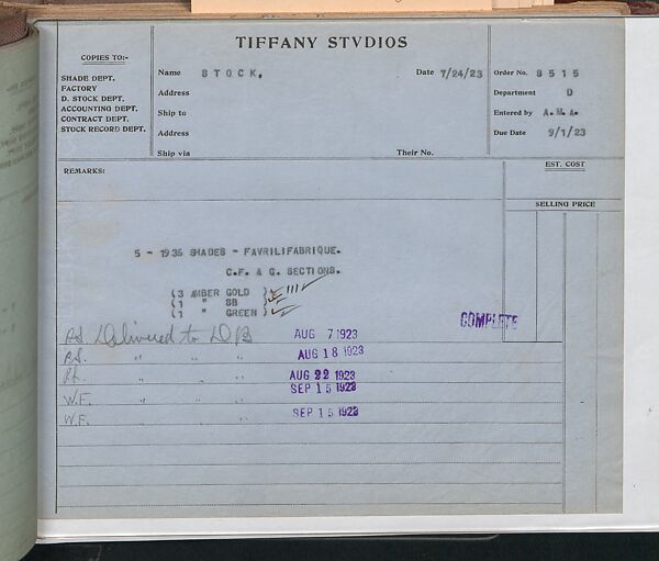 Tiffany Studios Lamp Department Ledger Book, Tiffany Studios (1902–32), pencil and ink on paper, American