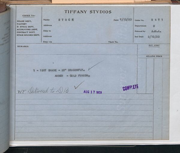 Tiffany Studios Lamp Department Ledger Book, Tiffany Studios (1902–32), pencil and ink on paper, American