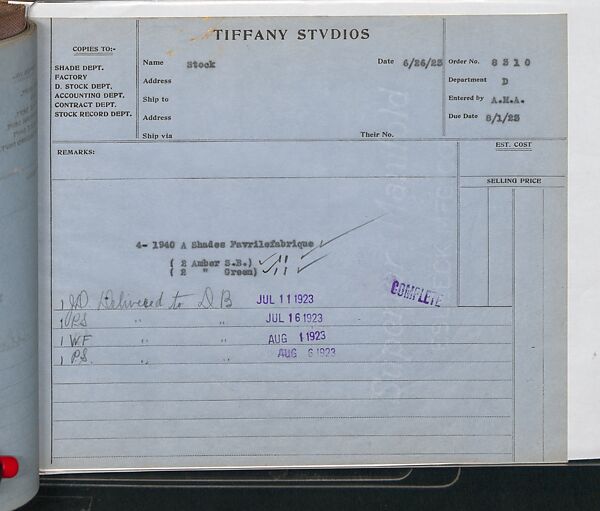 Tiffany Studios Lamp Department Ledger Book, Tiffany Studios (1902–32), pencil and ink on paper, American