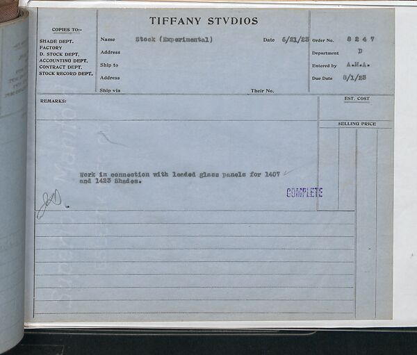 Tiffany Studios Lamp Department Ledger Book, Tiffany Studios (1902–32), pencil and ink on paper, American