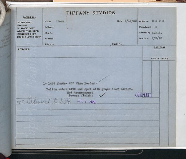 Tiffany Studios Lamp Department Ledger Book, Tiffany Studios (1902–32), pencil and ink on paper, American