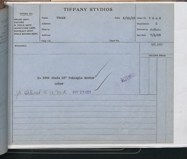 Tiffany Studios Lamp Department Ledger Book, Tiffany Studios (1902–32), pencil and ink on paper, American