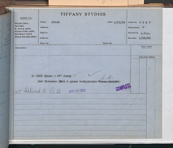 Tiffany Studios Lamp Department Ledger Book, Tiffany Studios (1902–32), pencil and ink on paper, American
