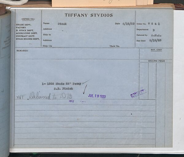 Tiffany Studios Lamp Department Ledger Book, Tiffany Studios (1902–32), pencil and ink on paper, American