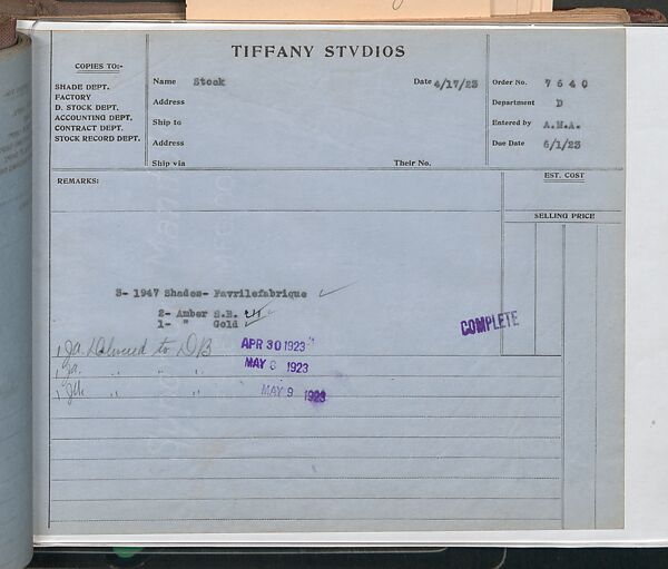 Tiffany Studios Lamp Department Ledger Book, Tiffany Studios (1902–32), pencil and ink on paper, American