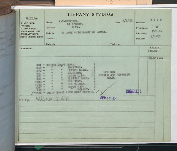 Tiffany Studios Lamp Department Ledger Book, Tiffany Studios (1902–32), pencil and ink on paper, American