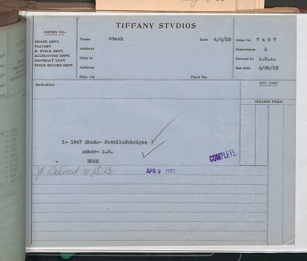 Tiffany Studios Lamp Department Ledger Book, Tiffany Studios (1902–32), pencil and ink on paper, American