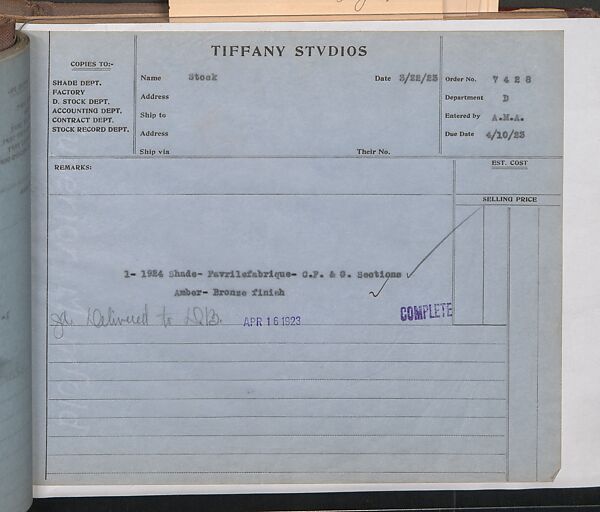 Tiffany Studios Lamp Department Ledger Book, Tiffany Studios (1902–32), pencil and ink on paper, American