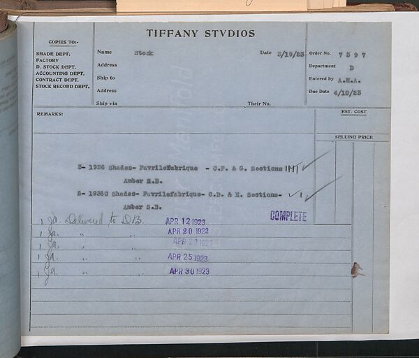 Tiffany Studios Lamp Department Ledger Book, Tiffany Studios (1902–32), pencil and ink on paper, American