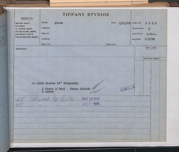 Tiffany Studios Lamp Department Ledger Book, Tiffany Studios (1902–32), pencil and ink on paper, American