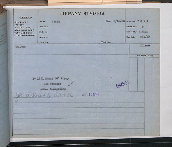 Tiffany Studios Lamp Department Ledger Book, Tiffany Studios (1902–32), pencil and ink on paper, American