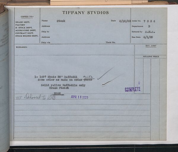 Tiffany Studios Lamp Department Ledger Book, Tiffany Studios (1902–32), pencil and ink on paper, American