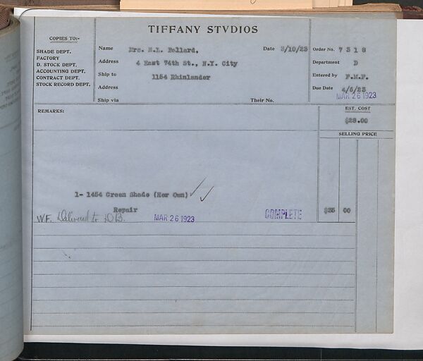 Tiffany Studios Lamp Department Ledger Book, Tiffany Studios (1902–32), pencil and ink on paper, American
