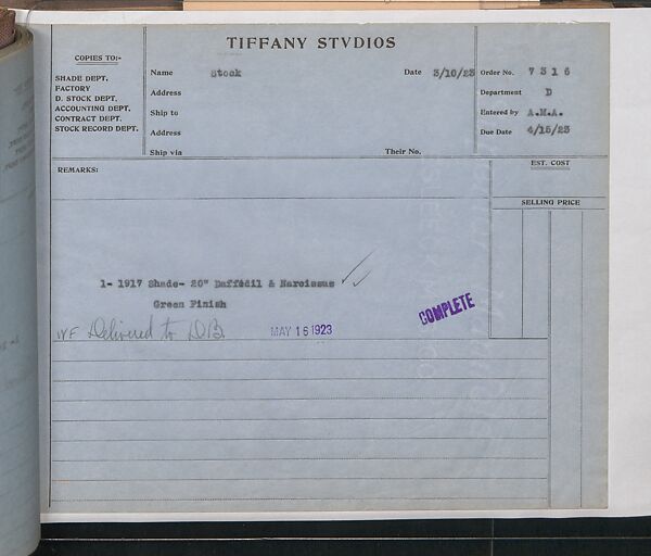 Tiffany Studios Lamp Department Ledger Book, Tiffany Studios (1902–32), pencil and ink on paper, American