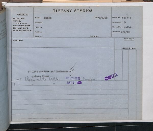 Tiffany Studios Lamp Department Ledger Book, Tiffany Studios (1902–32), pencil and ink on paper, American