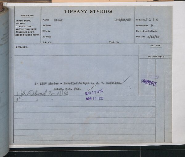 Tiffany Studios Lamp Department Ledger Book, Tiffany Studios (1902–32), pencil and ink on paper, American