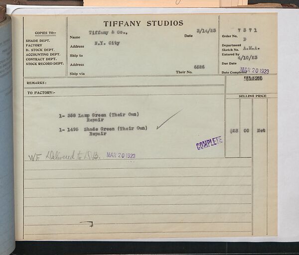 Tiffany Studios Lamp Department Ledger Book, Tiffany Studios (1902–32), pencil and ink on paper, American
