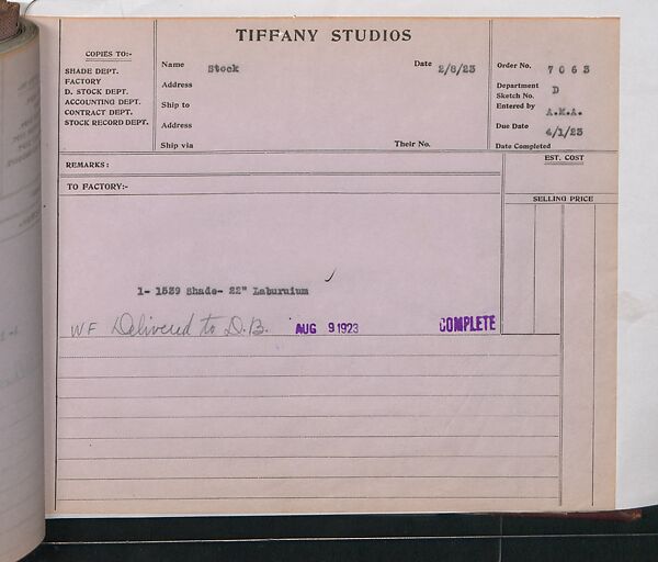 Tiffany Studios Lamp Department Ledger Book, Tiffany Studios (1902–32), pencil and ink on paper, American