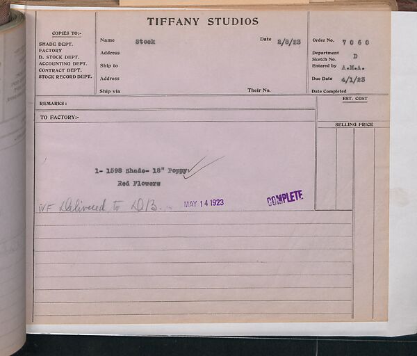 Tiffany Studios Lamp Department Ledger Book, Tiffany Studios (1902–32), pencil and ink on paper, American