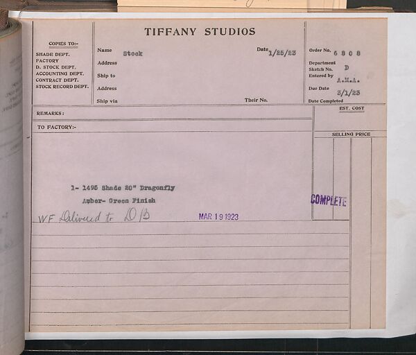 Tiffany Studios Lamp Department Ledger Book, Tiffany Studios (1902–32), pencil and ink on paper, American