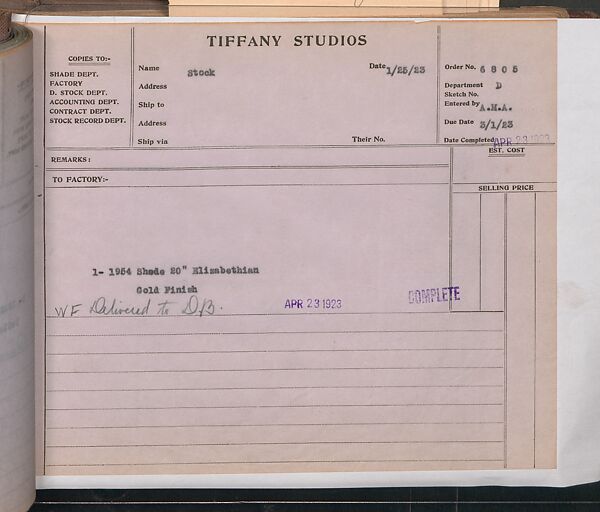 Tiffany Studios Lamp Department Ledger Book, Tiffany Studios (1902–32), pencil and ink on paper, American
