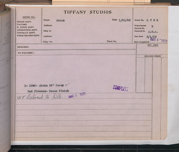 Tiffany Studios Lamp Department Ledger Book, Tiffany Studios (1902–32), pencil and ink on paper, American