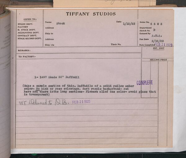 Tiffany Studios Lamp Department Ledger Book, Tiffany Studios (1902–32), pencil and ink on paper, American