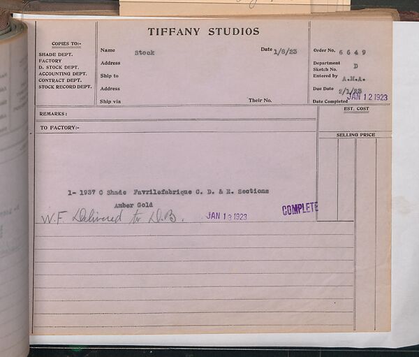 Tiffany Studios Lamp Department Ledger Book, Tiffany Studios (1902–32), pencil and ink on paper, American