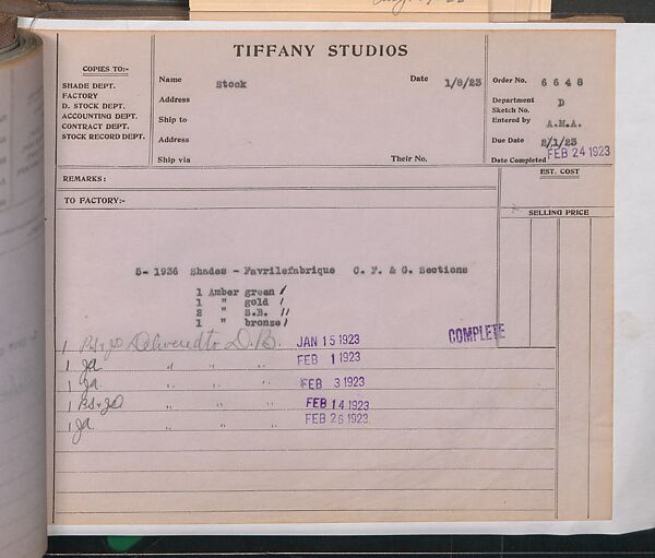 Tiffany Studios Lamp Department Ledger Book, Tiffany Studios (1902–32), pencil and ink on paper, American