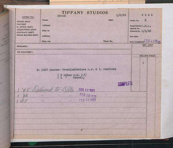 Tiffany Studios Lamp Department Ledger Book, Tiffany Studios (1902–32), pencil and ink on paper, American