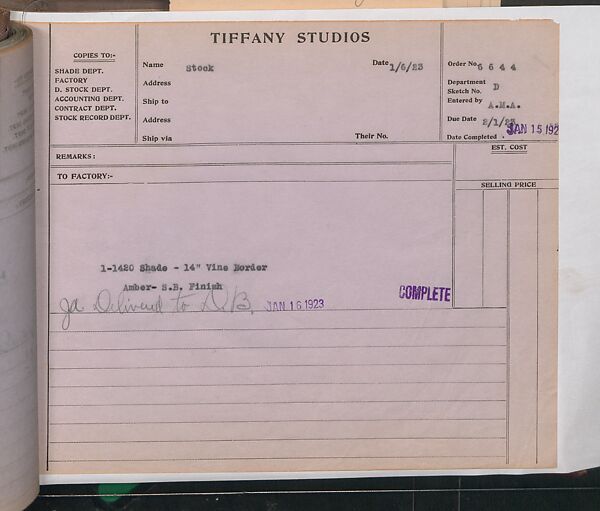 Tiffany Studios Lamp Department Ledger Book, Tiffany Studios (1902–32), pencil and ink on paper, American