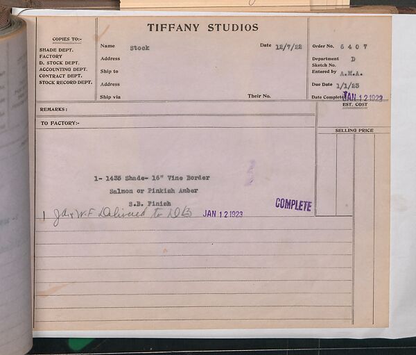 Tiffany Studios Lamp Department Ledger Book, Tiffany Studios (1902–32), pencil and ink on paper, American