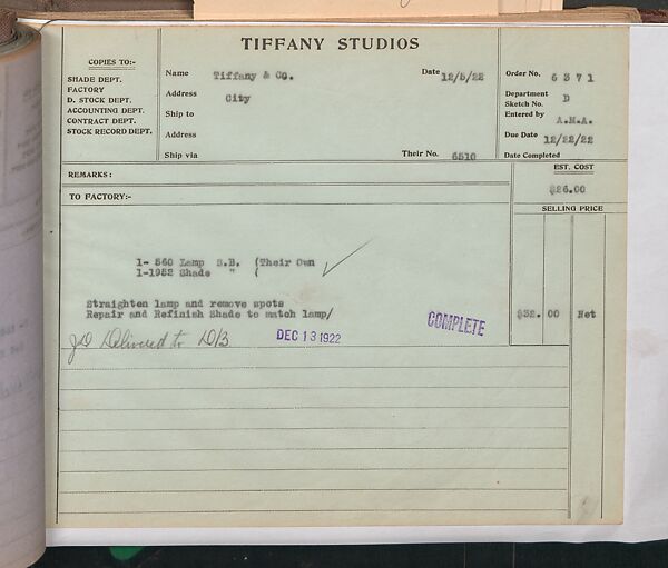 Tiffany Studios Lamp Department Ledger Book, Tiffany Studios (1902–32), pencil and ink on paper, American