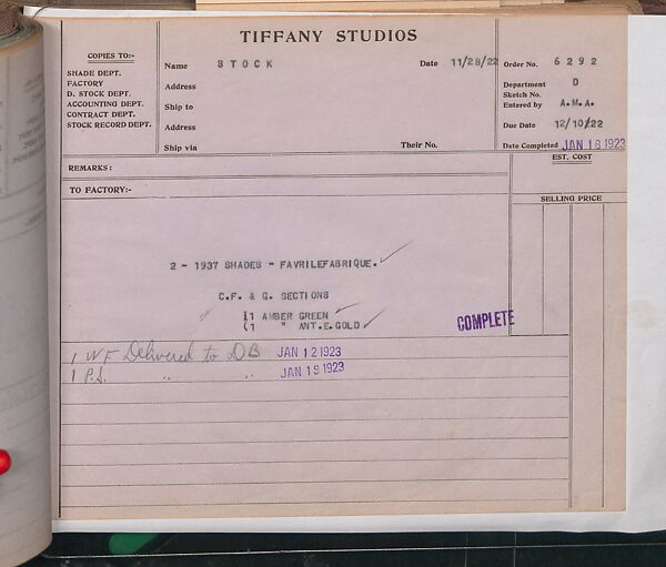 Tiffany Studios Lamp Department Ledger Book, Tiffany Studios (1902–32), pencil and ink on paper, American