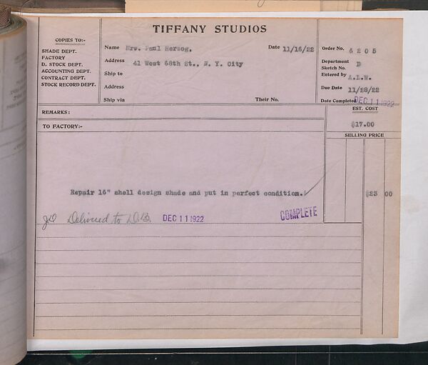 Tiffany Studios Lamp Department Ledger Book, Tiffany Studios (1902–32), pencil and ink on paper, American