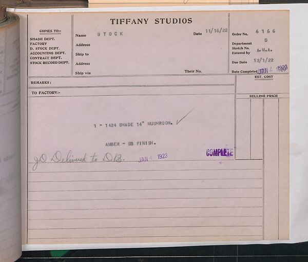 Tiffany Studios Lamp Department Ledger Book, Tiffany Studios (1902–32), pencil and ink on paper, American