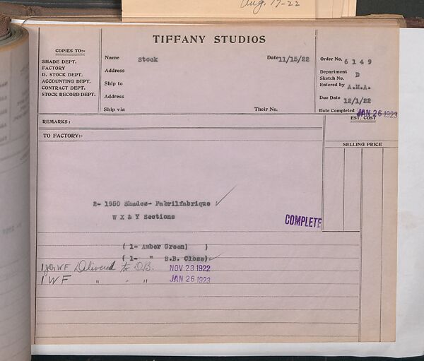 Tiffany Studios Lamp Department Ledger Book, Tiffany Studios (1902–32), pencil and ink on paper, American