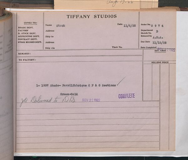 Tiffany Studios Lamp Department Ledger Book, Tiffany Studios (1902–32), pencil and ink on paper, American